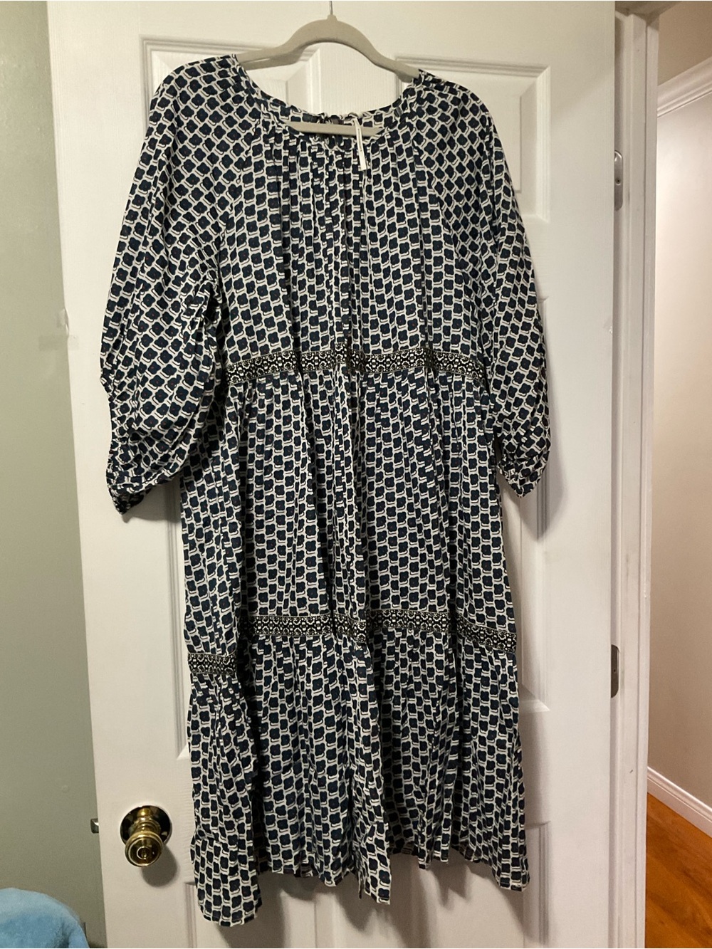Anthropologie Navy and White Printed Peasant Dress - Picture 2 of 4